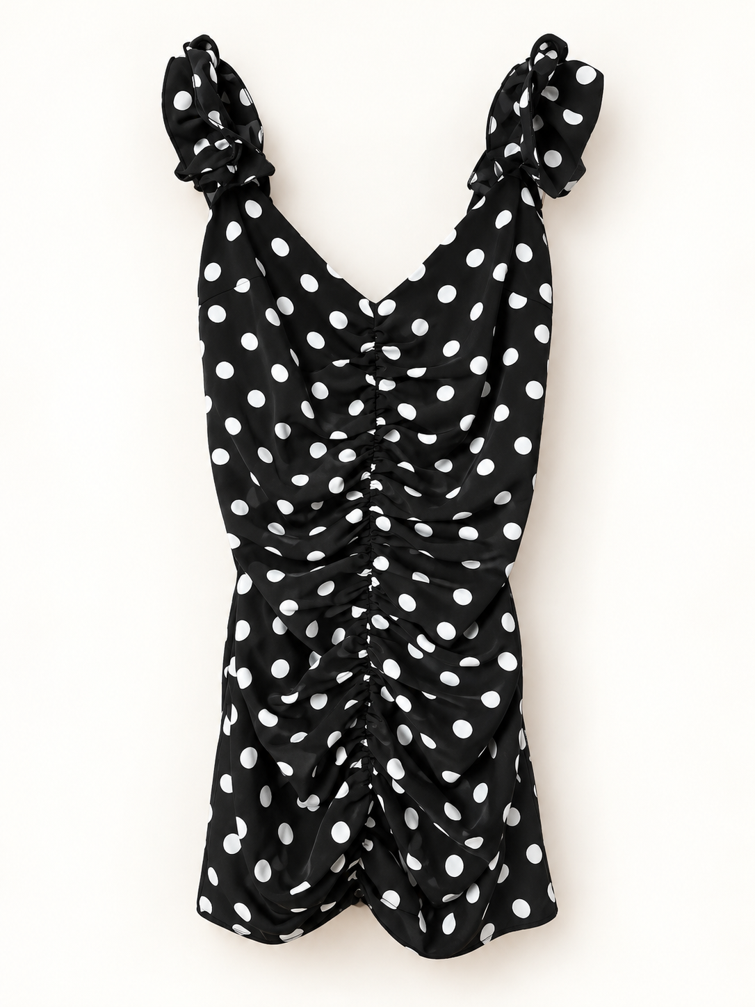 Elegantes schwarzes Polka-Dot-Kleid mit Raffungen und Schleifen-Trägern – FeLeSophy