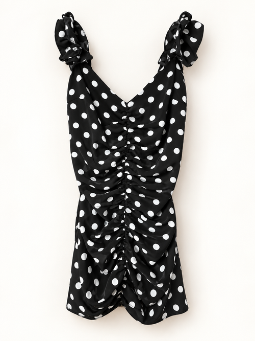Elegantes schwarzes Polka-Dot-Kleid mit Raffungen und Schleifen-Trägern – FeLeSophy