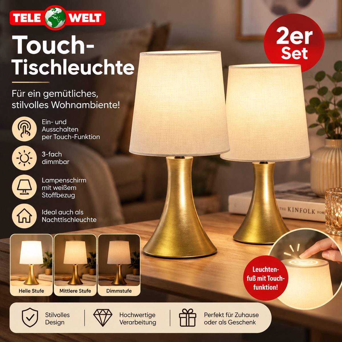 Tele Welt Touch-Tischleuchten – 2er-Set in Gold mit weißem Stoffschirm