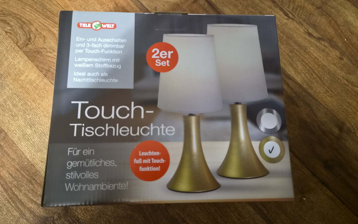Tele Welt Touch-Tischleuchten – 2er-Set in Gold mit weißem Stoffschirm