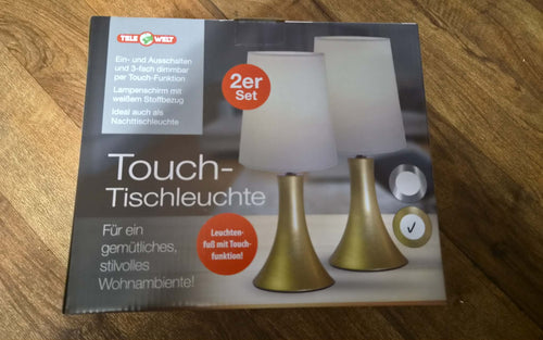 Tele Welt Touch-Tischleuchten – 2er-Set in Gold mit weißem Stoffschirm