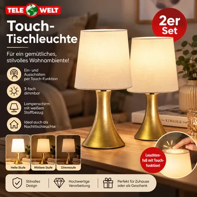 Tele Welt Touch-Tischleuchten, 2er-Set in Gold mit weißem Stoffschirm, Bild 1